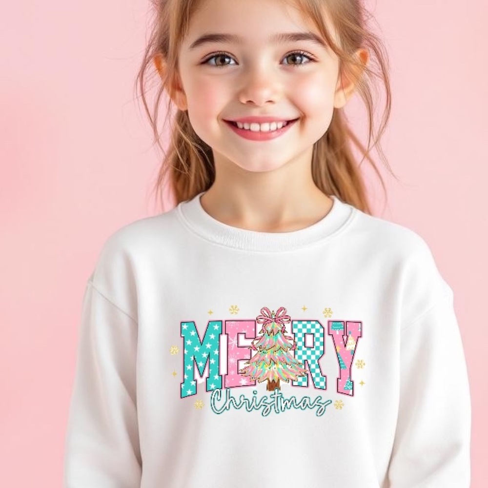 Merry Christmas T-shirt Whimsical White with Pink long sleeve Pink Girls 2T - XL